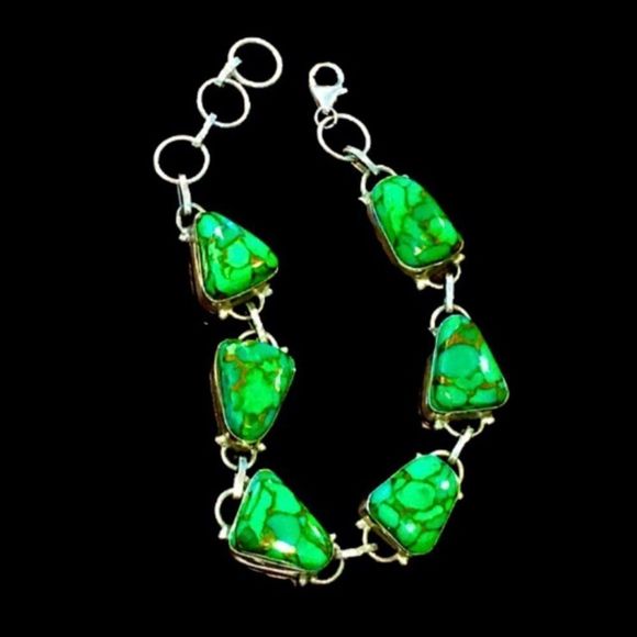 Mohave Lime Green Copper Infused Turquoise and Sterling Silver 925 Bracelet - Picture 3 of 16